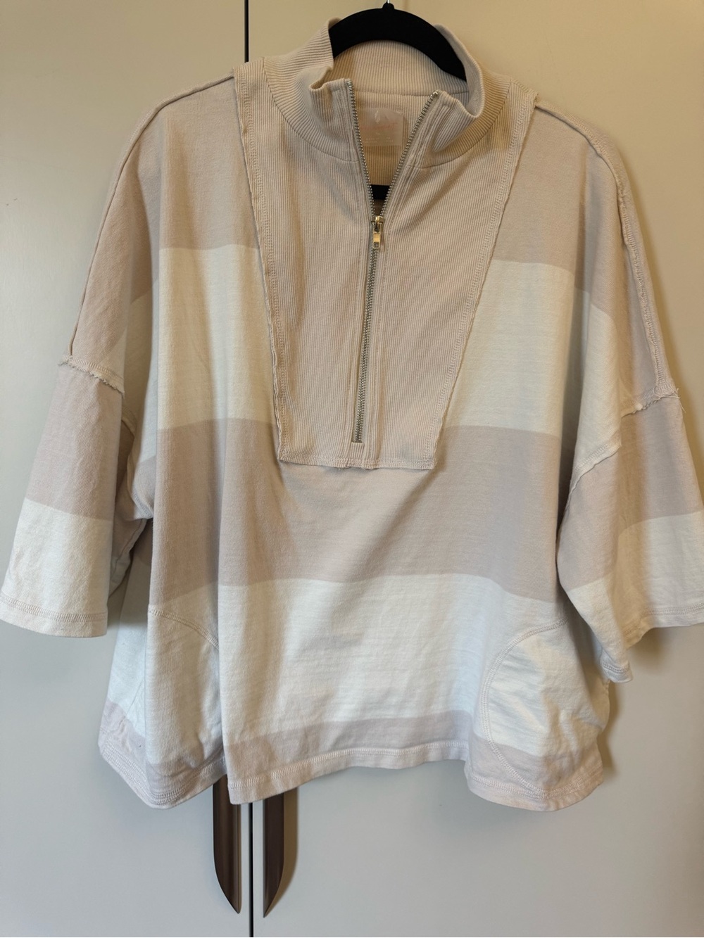 Free People Movement Oversized Half Zip Pullover XL Ivory Stripe Short Sleeve - Picture 2 of 6